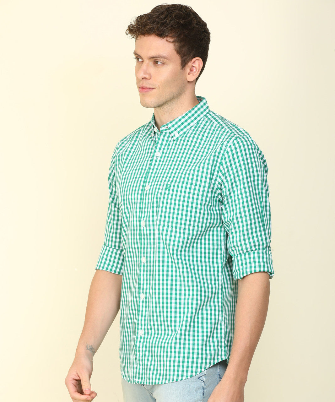 UCB green checked shirt